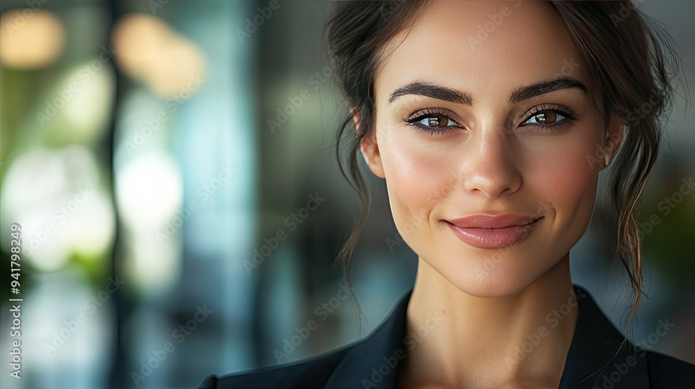 Close-up of a confident businesswoman with sharp features, wearing a professional suit and smiling at the camera Close-up of a confident businesswoman with sharp features, wearing a professional suit and smiling at the camera