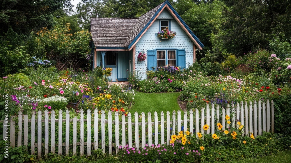 A quaint garden house with a picket fence, surrounded by flowers and open space for copy A quaint garden house with a picket fence, surrounded by flowers and open space for copy