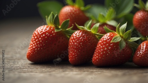 Close-up of fresh strawberries with green leaves.