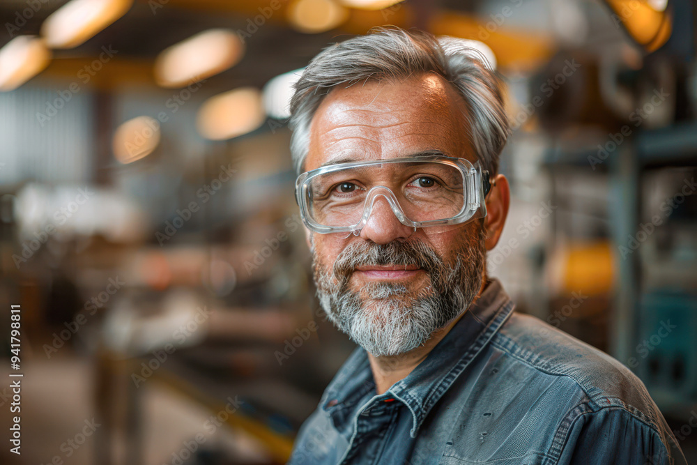Fototapeta premium A man wearing safety glasses and a blue shirt is smiling for the camera