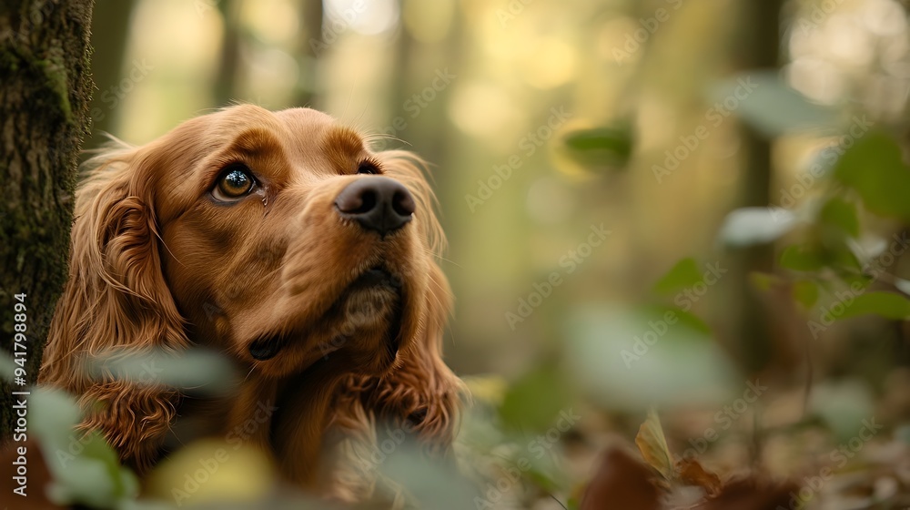 Obraz premium Curious Cocker Spaniel Exploring and Sniffing in a Tranquil Woodland Scene with Lush Foliage and Earthy Tones