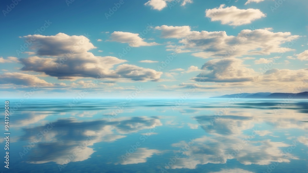 Serene sky with fluffy clouds reflecting on calm water surface. Serene sky with fluffy clouds reflecting on calm water surface.