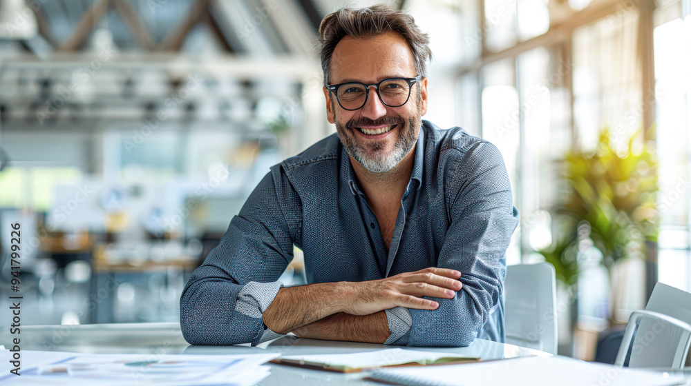 A man with glasses is smiling and sitting at a table with papers in front of him
