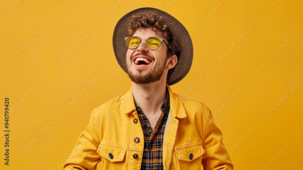 Joyful young man smiling vividly against a bright yellow backdrop while wearing a stylish hat and round sunglasses, capturing a moment of happiness. With copy space for text. Joyful young man smiling vividly against a bright yellow backdrop while wearing a stylish hat and round sunglasses, capturing a moment of happiness. With copy space for text.