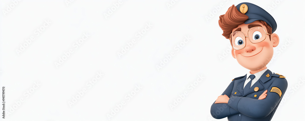 Cheerful cartoon character police officer in uniform, confidently posing with arms crossed. Ideal for children's educational materials. Cheerful cartoon character police officer in uniform, confidently posing with arms crossed. Ideal for children's educational materials.