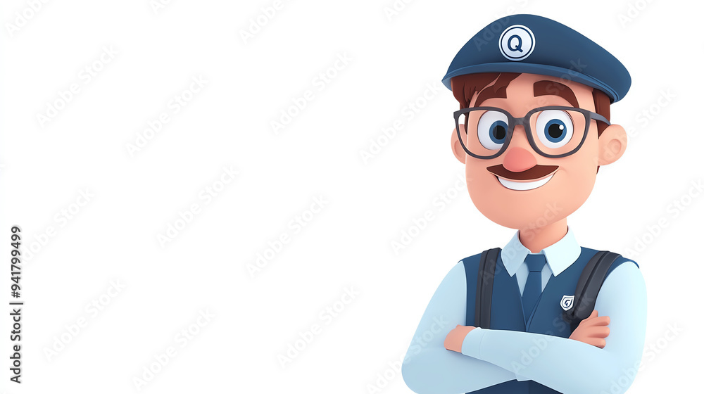 Cheerful cartoon character portraying a friendly officer in a uniform, with a playful expression and crossed arms, ideal for various themes. Cheerful cartoon character portraying a friendly officer in a uniform, with a playful expression and crossed arms, ideal for various themes.
