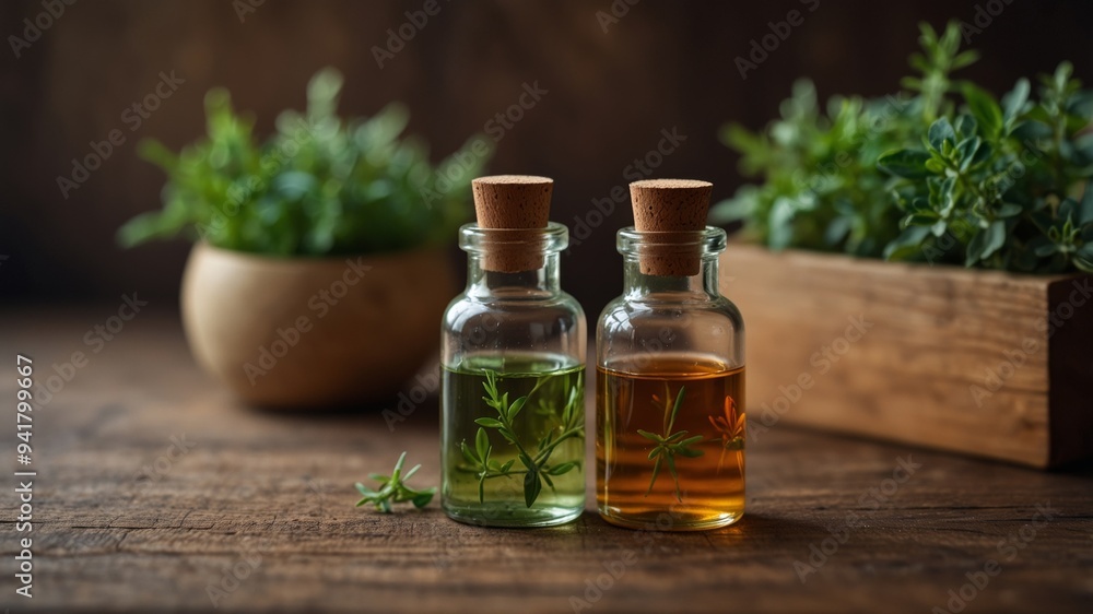 Essential oil bottles with fresh herbs on wooden table. Essential oil bottles with fresh herbs on wooden table.