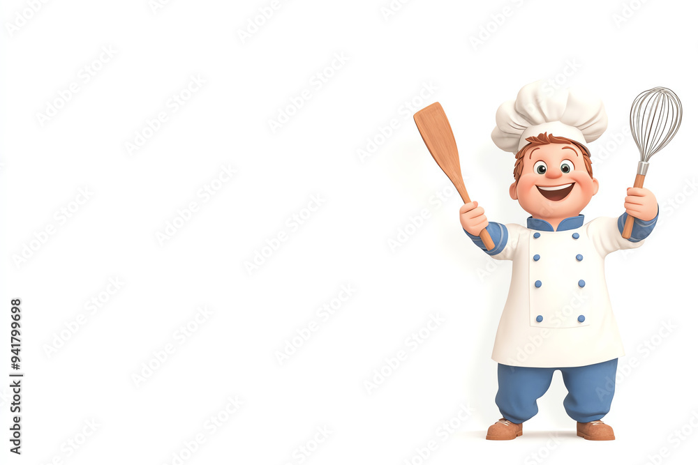 Cheerful cartoon chef holding a spatula and whisk, ready to cook delicious meals in the kitchen. Cheerful cartoon chef holding a spatula and whisk, ready to cook delicious meals in the kitchen.