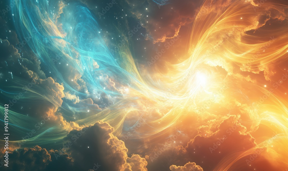 A colorful, swirling galaxy with a bright yellow sun in the center. The sky is filled with clouds and stars, creating a sense of wonder and awe. The colors and patterns of the clouds A colorful, swirling galaxy with a bright yellow sun in the center. The sky is filled with clouds and stars, creating a sense of wonder and awe. The colors and patterns of the clouds