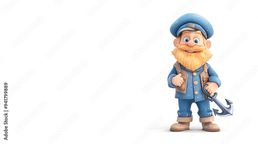 Cheerful cartoon sailor character with a beard, wearing a blue uniform and holding an anchor. Perfect for nautical themes. Cheerful cartoon sailor character with a beard, wearing a blue uniform and holding an anchor. Perfect for nautical themes.