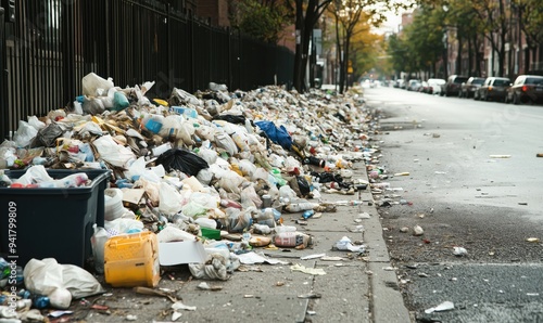 A pile of trash is on the sidewalk next to a fence. The trash is mostly plastic bags and bottles. Scene is one of waste and pollution