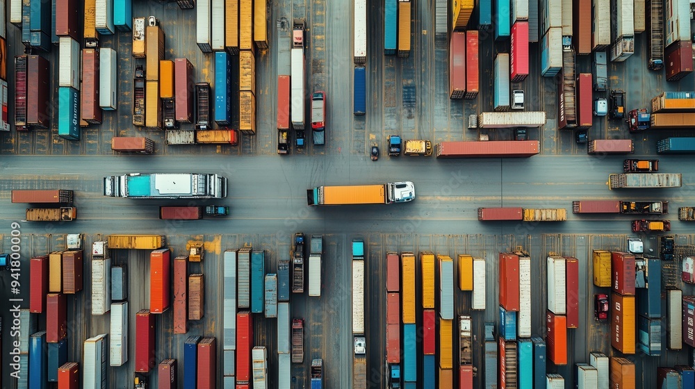 A large number of trucks are parked in a lot, with some of them being yellow and red A large number of trucks are parked in a lot, with some of them being yellow and red