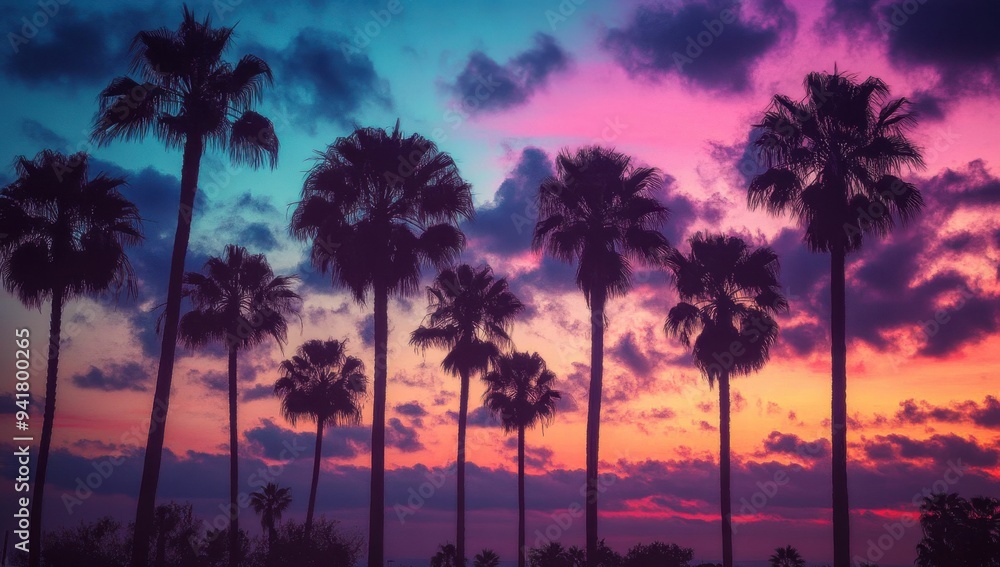 Obraz premium A vintage-style photograph of palm trees silhouetted against the sky at dusk, capturing their majestic shapes and tall stature Generative AI