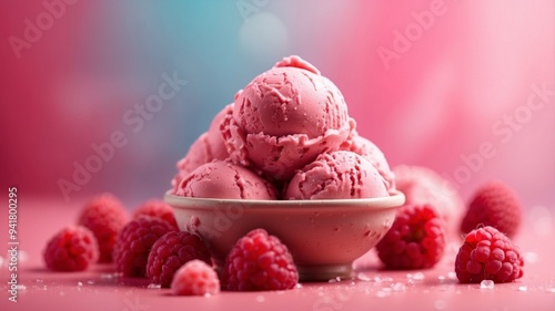 Raspberry ice cream with fresh berries on pink background. photo