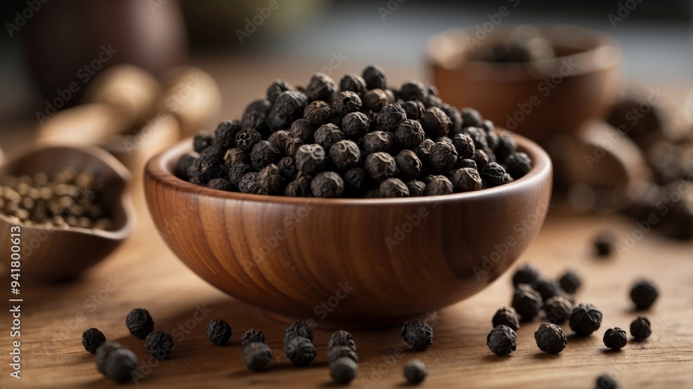 a wooden bowl filled with black peppercorns some peppercorns are scattered around the bowl a close up shot of the spice. a wooden bowl filled with black peppercorns some peppercorns are scattered around the bowl a close up shot of the spice.