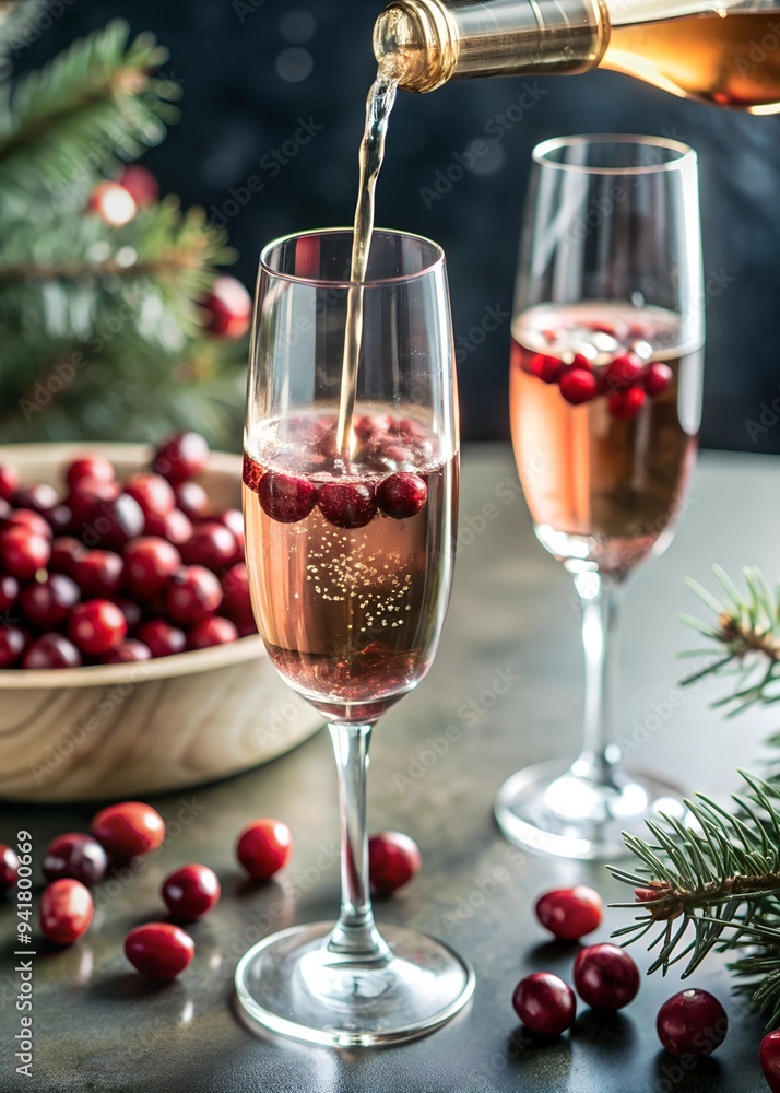 Two Champagne Flutes with Cranberries and a Plate of Fresh Cranberries Nearby Two Champagne Flutes with Cranberries and a Plate of Fresh Cranberries Nearby