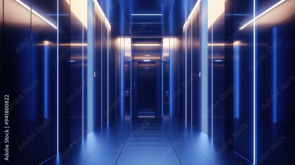 A long, narrow hallway with blue walls and neon lights. The hallway is empty and he is a part of a futuristic building A long, narrow hallway with blue walls and neon lights. The hallway is empty and he is a part of a futuristic building