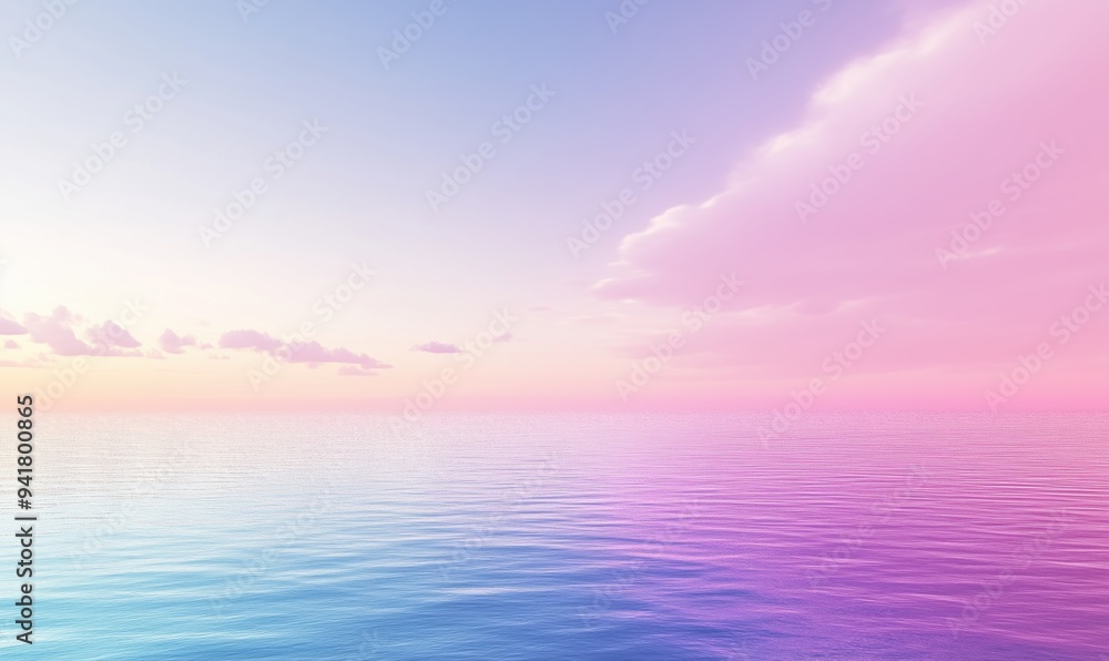 Naklejka premium A beautiful ocean with a pink and purple sky. The sky is filled with clouds and the water is calm