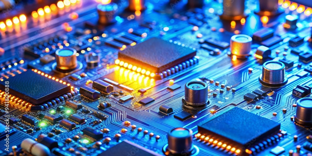 Obraz premium Circuit Board Close-up Blue and Orange Glow, Electronics Components, Technology, Microchip, Circuitry, Technology, Electronics