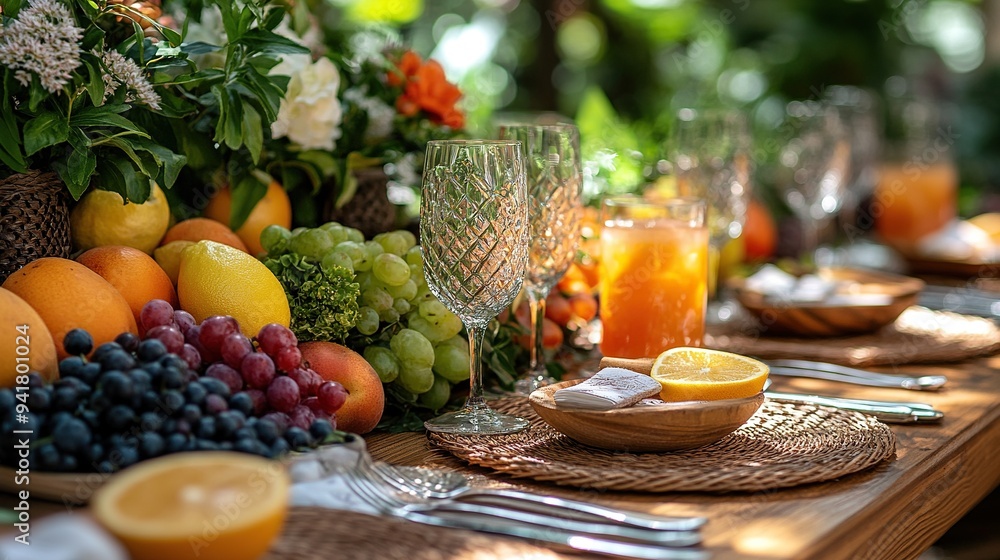 Set table close up at summer garden party with delicate floral decoration, salad, fresh fruits, and glasses of lemonade..illustration Set table close up at summer garden party with delicate floral decoration, salad, fresh fruits, and glasses of lemonade..illustration