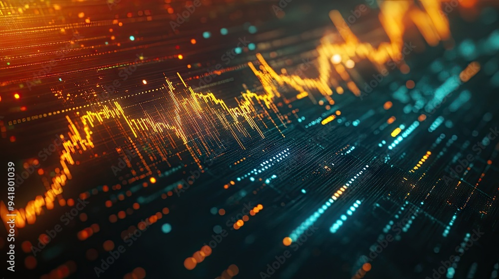 Fototapeta premium Close-up of a digital screen displaying a gold price chart with fluctuating lines and data points, reflecting market trends