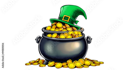 St.Patrick 's Day. Cauldron with gold coins and green leprechaun hat isolated with white highlights, png photo