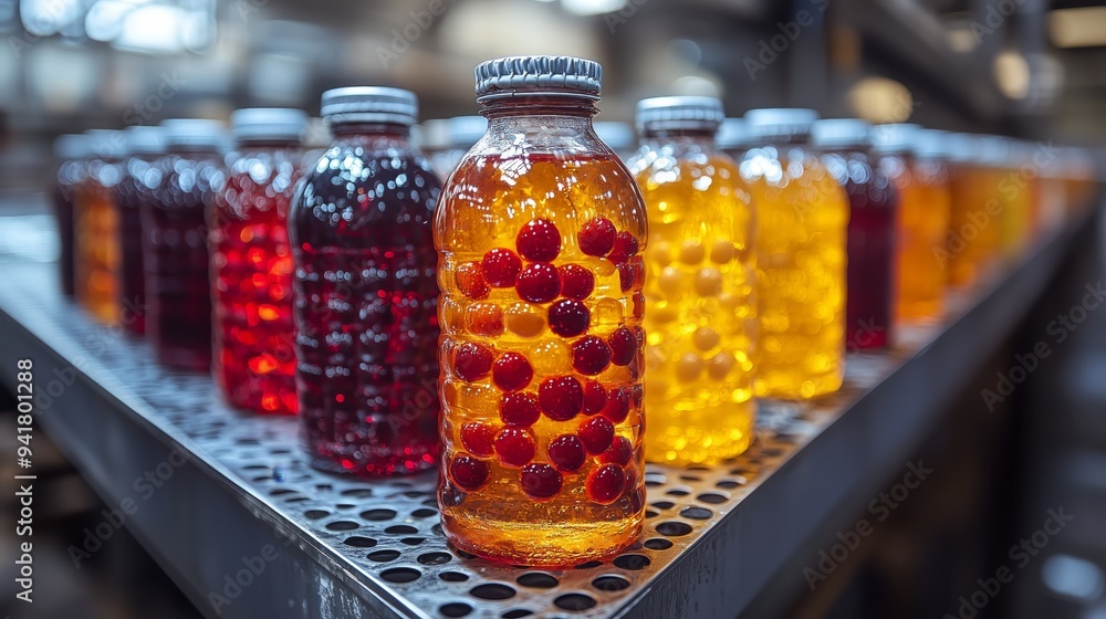 A close-up view of a bottling production line at a beverage factory with transparent bottles filled with colorful liquids and red fruits on a conveyor belt A close-up view of a bottling production line at a beverage factory with transparent bottles filled with colorful liquids and red fruits on a conveyor belt