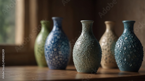 Elegant ceramic vases with delicate decorative accents. photo