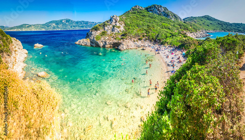 Fototapeta Naklejka Na Ścianę i Meble -  Timoni beach and Ionian sea on Korfu, Greece, panoramic shot