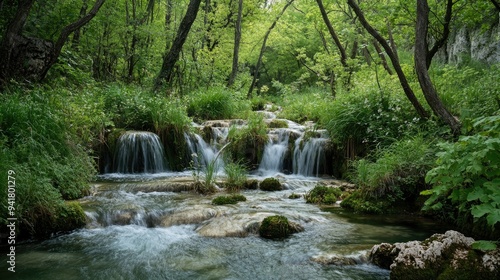 A serene stream flowing through Plitvice Lakes, Croatia, with cascading waterfalls and plenty of room for text