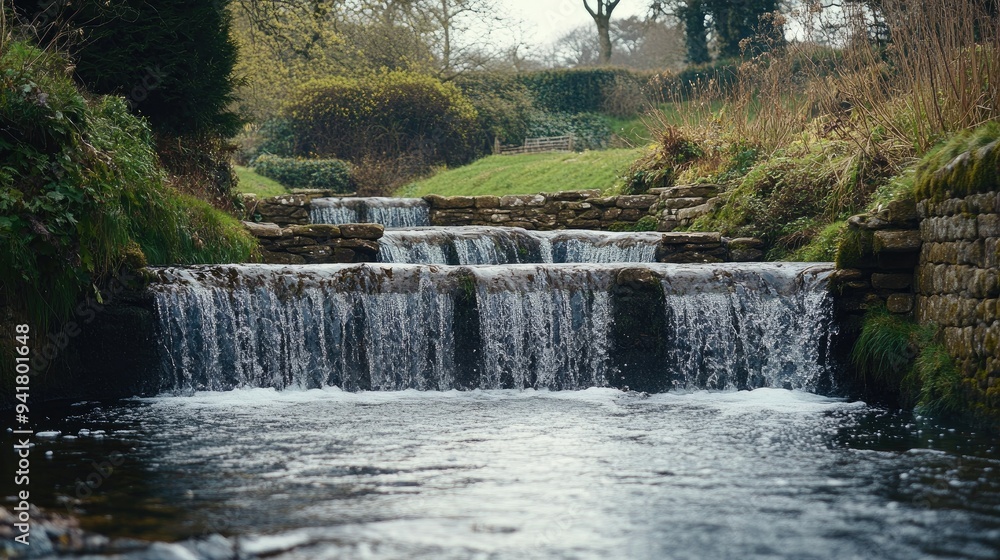 A serene waterfall in the Cotswolds, England, with a peaceful stream and ample room for copy A serene waterfall in the Cotswolds, England, with a peaceful stream and ample room for copy