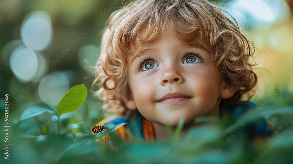 little boy cute observing bugs in public park looking for.illustration little boy cute observing bugs in public park looking for.illustration