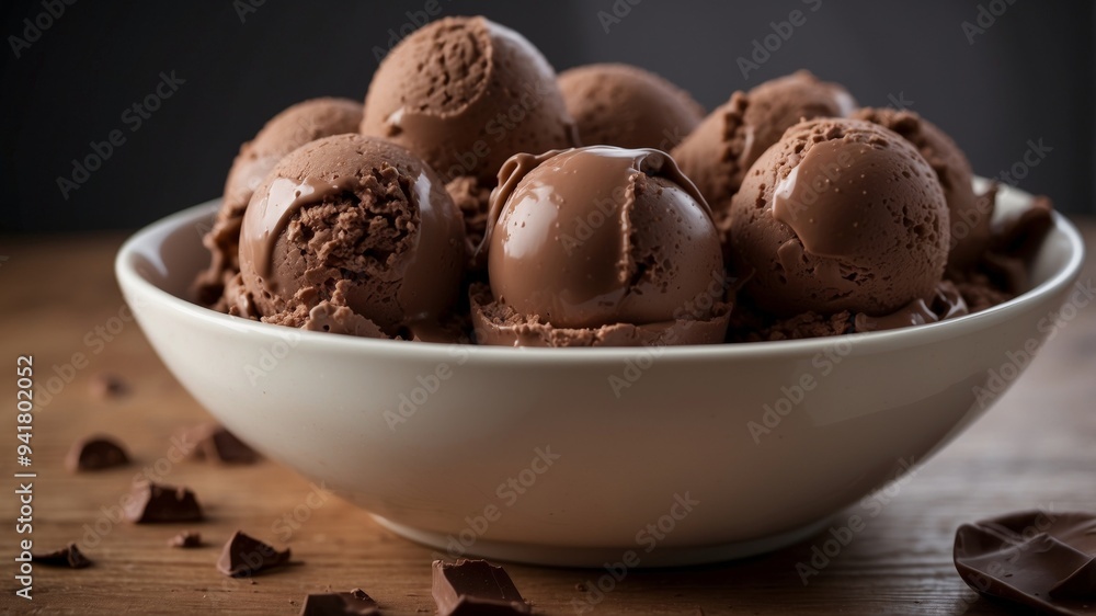 Chocolate ice cream scoops in a ceramic bowl. Chocolate ice cream scoops in a ceramic bowl.