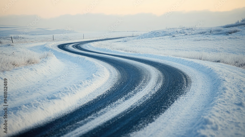A snow-covered road winding through a winter landscape, with ample space for copy A snow-covered road winding through a winter landscape, with ample space for copy