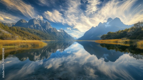 A beautiful mountain lake with a reflection of the mountains in the water. The sky is clear and the sun is shining, creating a serene and peaceful atmosphere