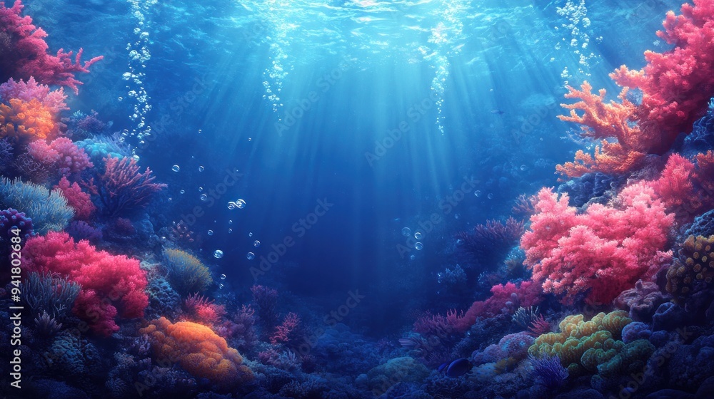 Naklejka premium Underwater Scene with Sunlight Filtering Through Vibrant Coral Reefs