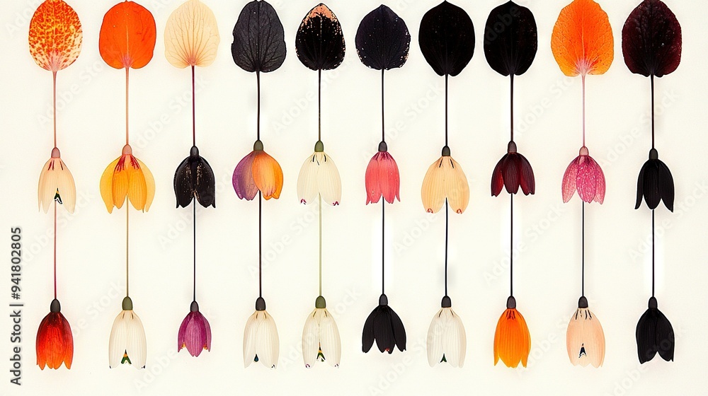 A collection of vibrant feathers adorn a white wall adjacent to another white wall, set against a backdrop of white A collection of vibrant feathers adorn a white wall adjacent to another white wall, set against a backdrop of white