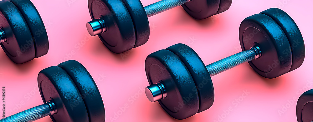 Black dumbbells for weight training on pink background Black dumbbells for weight training on pink background