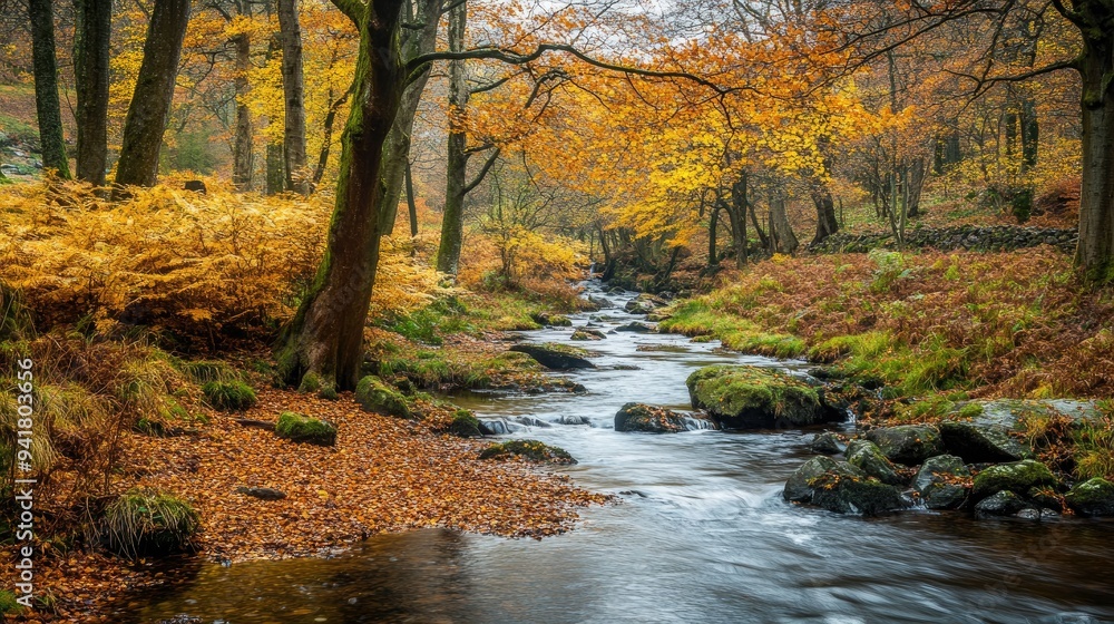 A tranquil stream running through a vibrant autumn forest in the Lake District, England, with open space for copy A tranquil stream running through a vibrant autumn forest in the Lake District, England, with open space for copy