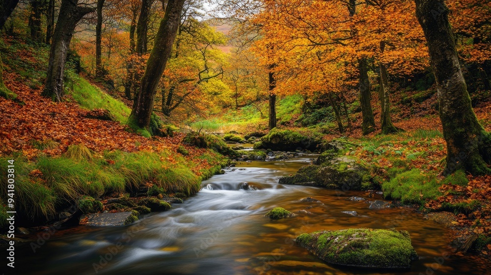 A tranquil stream running through a vibrant autumn forest in the Lake District, England, with open space for copy A tranquil stream running through a vibrant autumn forest in the Lake District, England, with open space for copy