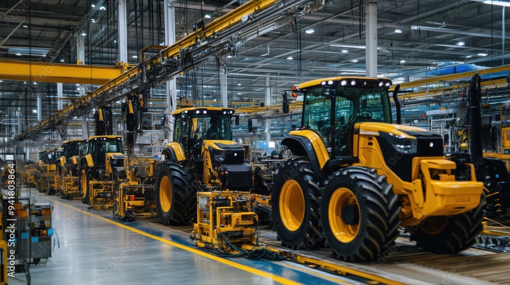 A factory with many yellow tractors on a conveyor belt. The tractors are being assembled and are in various stages of completion. Scene is one of productivity and efficiency A factory with many yellow tractors on a conveyor belt. The tractors are being assembled and are in various stages of completion. Scene is one of productivity and efficiency