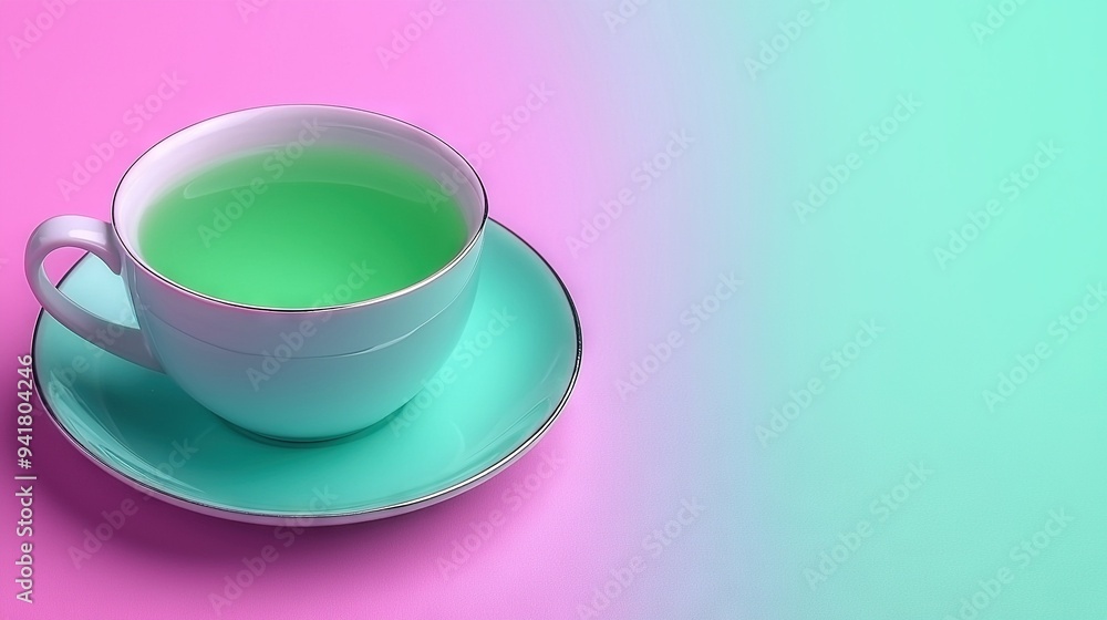 Green tea on pink-green background with blue saucer Green tea on pink-green background with blue saucer