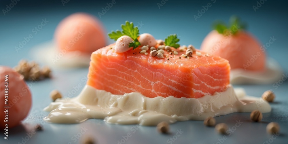 Slice of salmon like a ice cream Minimal food concept Close up Top view. Slice of salmon like a ice cream Minimal food concept Close up Top view.