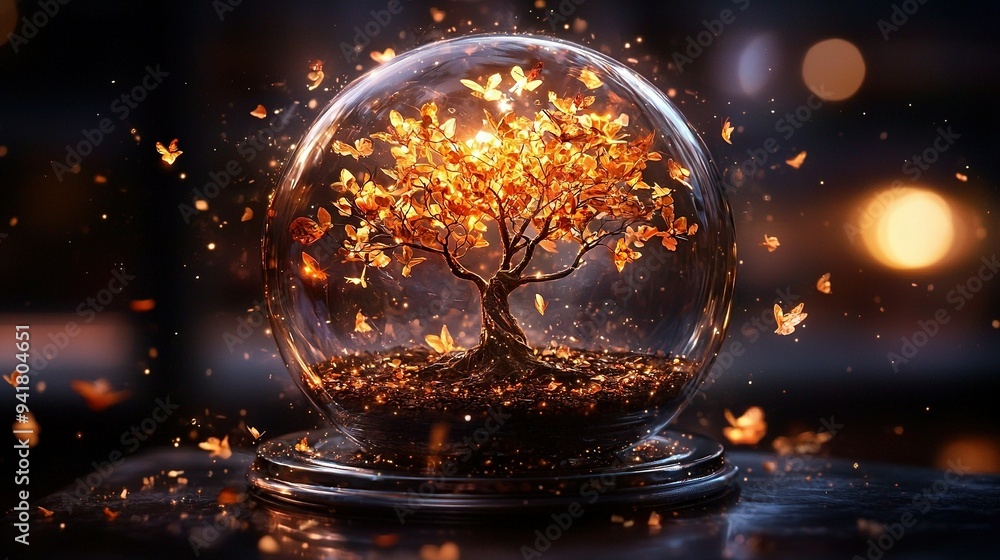 A transparent orb containing a tree rests on a table under a hazy light source A transparent orb containing a tree rests on a table under a hazy light source