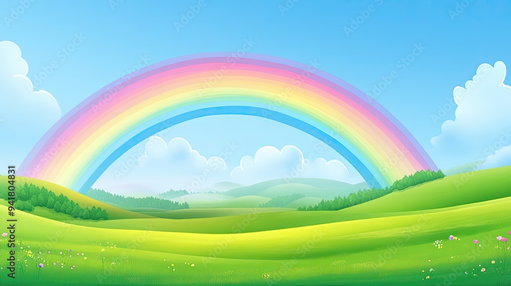 A vibrant rainbow over a rolling hill landscape, with open space for text in the foreground A vibrant rainbow over a rolling hill landscape, with open space for text in the foreground