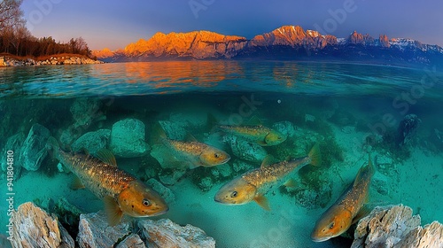   A school of fish swimming gracefully over a tranquil lake, framed by towering peaks in the distance photo