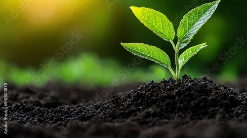  Small green plant emerging from earth amidst grass and dirt in garden setting