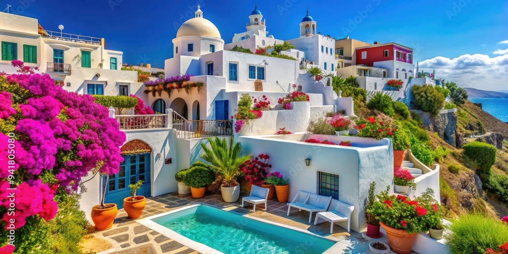 Fototapeta premium Mediterranean Oasis - vibrant, colorful, intricate, whitewashed, relaxing