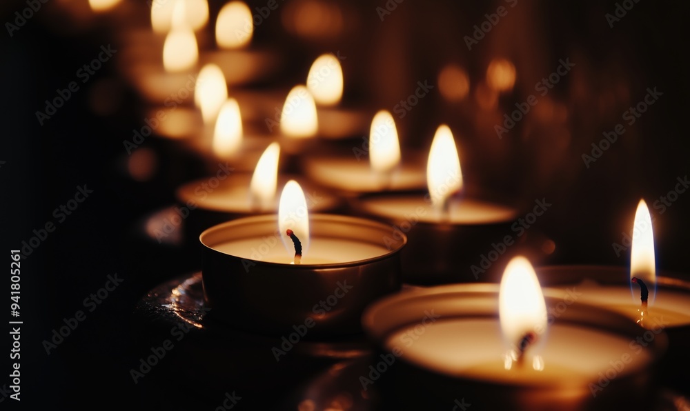 A row of candles are lit up in a dark room. The candles are arranged in a line, with some of them being taller than others. The candles are lit up and give off a warm, cozy glow. The scene is peaceful A row of candles are lit up in a dark room. The candles are arranged in a line, with some of them being taller than others. The candles are lit up and give off a warm, cozy glow. The scene is peaceful