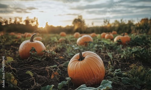 A field of pumpkins with a sun in the background